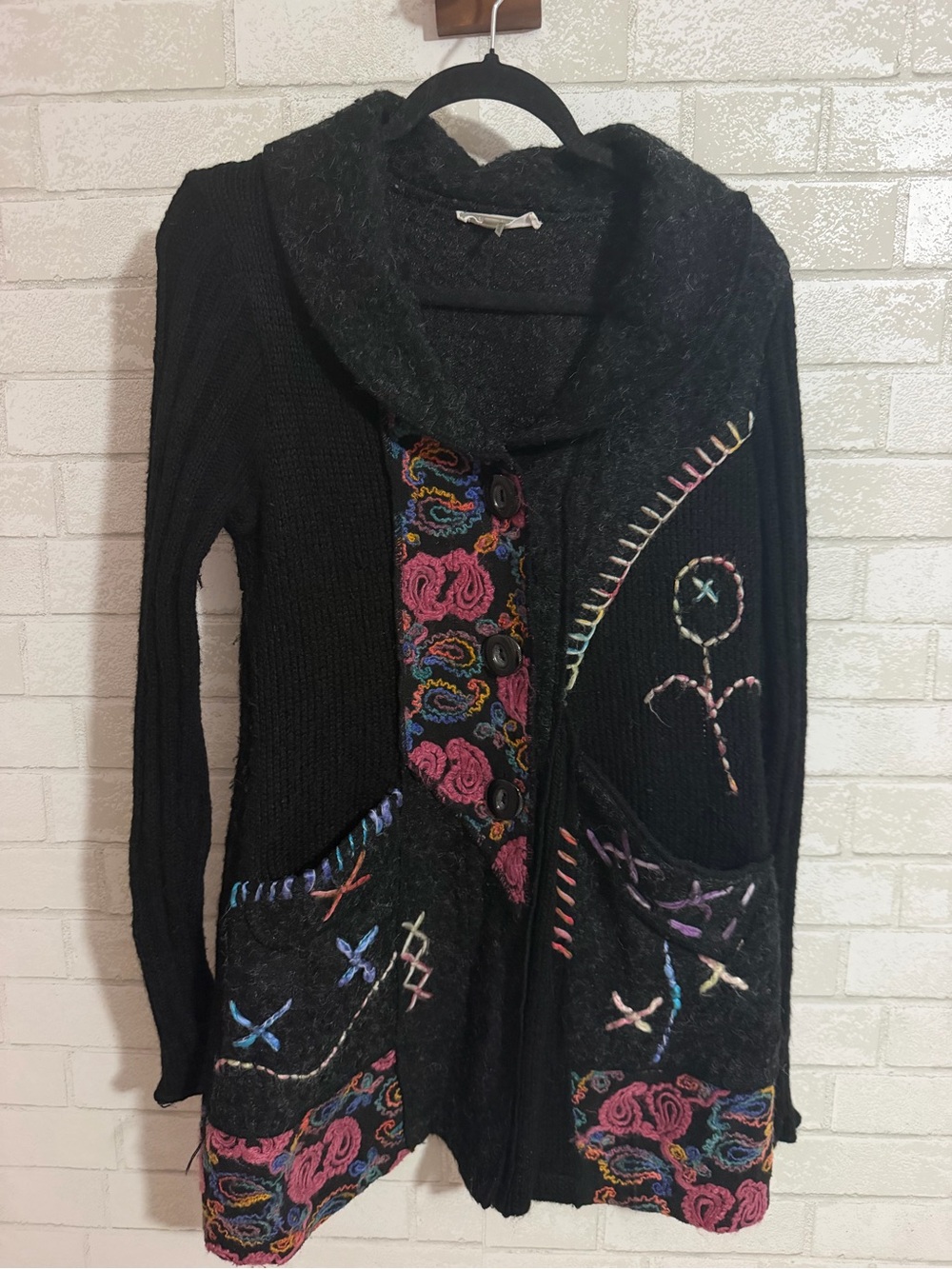 Liquid By Sioni Wearable Art Sweater Cardigan Medium Black Embroidered Boho Wool